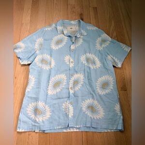 Folk Men’s Short Sleeve Button Down Shirt Blue Floral Sunflower Print Size Med